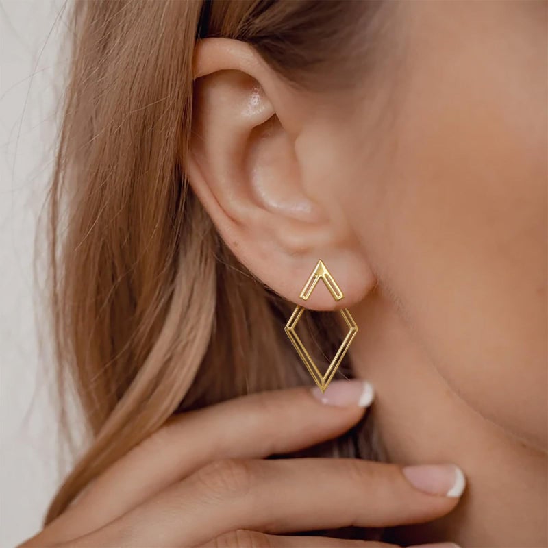 Goenjoy Boho Square Stud Earrings Jackets, 14K Gold Plated Minimalist Geometric V Stud Earrings Front Back Earrings for Women - Image 3