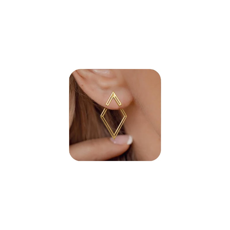 Goenjoy Boho Square Stud Earrings Jackets, 14K Gold Plated Minimalist Geometric V Stud Earrings Front Back Earrings for Women - Image 1