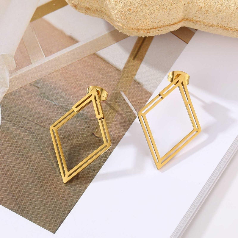 Goenjoy Boho Square Stud Earrings Jackets, 14K Gold Plated Minimalist Geometric V Stud Earrings Front Back Earrings for Women - Image 5