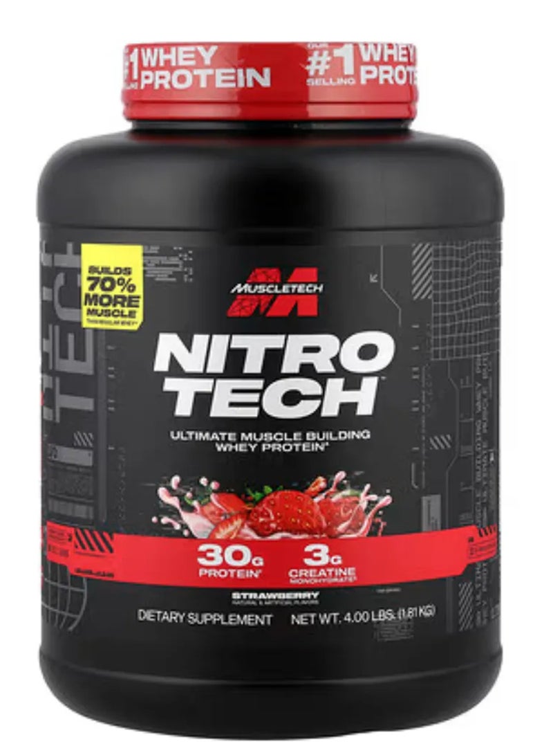 MuscleTech Nitro-Tech Whey Protein Powder, 30g Protein, 3g Creatine, 6.6g BCAAs, Clinically Studied Formula, Strawberry, 1.81kg (4Lb), 41 Servings - Image 1