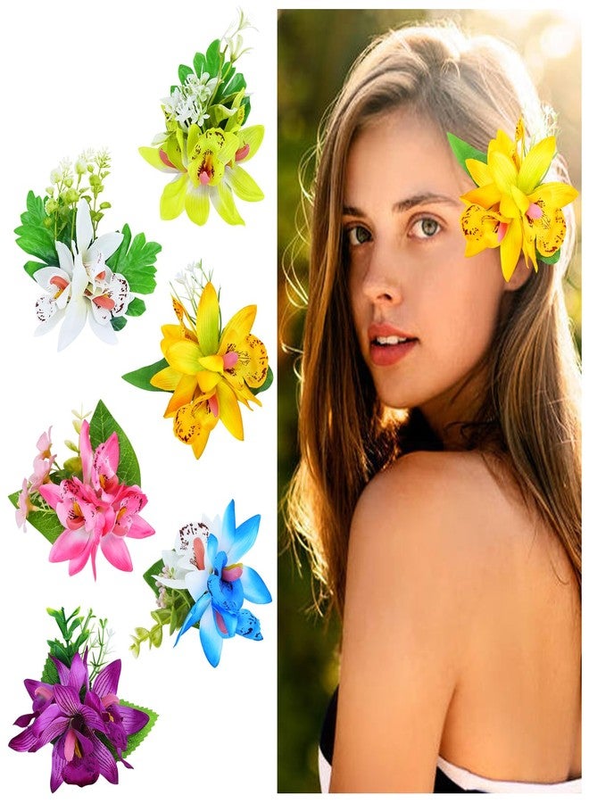 Cinaci 6 Pieces Hawaiian Beach Artificial Tropical Orchid Flower Alligator Hair Clips Barrettes Hairpins Accessories for Women Girls (Multicolor S3) - Image 1