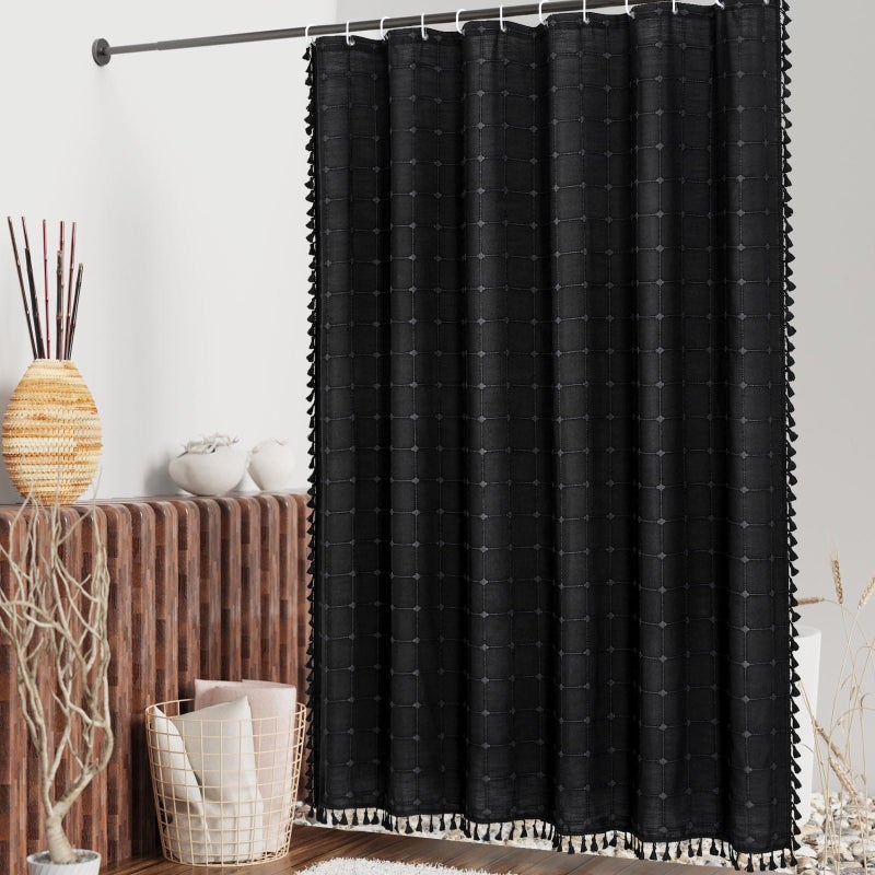 MitoVilla Black Boho Shower Curtains for Modern Bathroom Decor  Farmhouse Cotton Linen Fabric Cloth Shower Curtain with Tassel  72 x 72 - Image 1