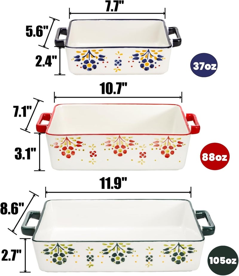 Peohud مجموعة بيهود من 3 أطباق كسرولة للفرن أطباق خزفية للخبز مع مقبض صينية لازانيا مستطيلة كبيرة مجموعة أدوات الخبز السيراميكية للطهي في المطبخ كعكة عشاء حفل زفاف واستخدام يومي - Image 2