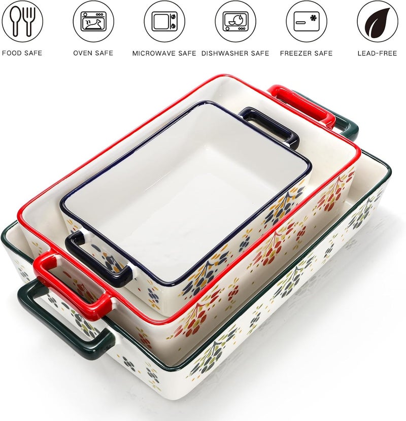 Peohud مجموعة بيهود من 3 أطباق كسرولة للفرن أطباق خزفية للخبز مع مقبض صينية لازانيا مستطيلة كبيرة مجموعة أدوات الخبز السيراميكية للطهي في المطبخ كعكة عشاء حفل زفاف واستخدام يومي - Image 3