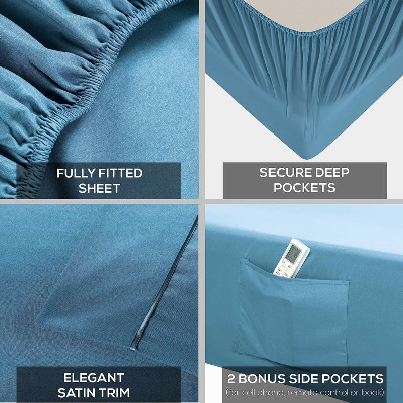 Mueller Luxury 6 Piece Queen Sheet Set - Ultra-Soft 1800 Series  Cooling & Breathable Hotel Quality Bed Sheets  Deep Pocket up to 16"" - Hypoallergenic  Wrinkle-Resistant  Oeko-TEX  Denim - Image 4