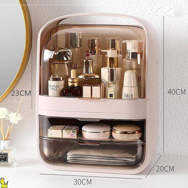SIBY Acrylic Cosmetic Display Organizer | Dustproof Cosmetic Storage Box for Women | Bathroom Countertop Makeup Organizer with 2 Drawer | Makeup Display Case with Transparent Cover(Pink) - Image 2