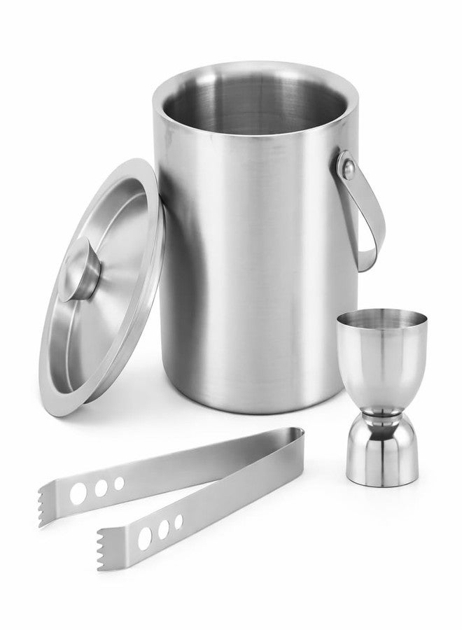 finality Premium Stainless Steel Ice Bucket with Tongs and Jigger – 1 Litre Double Walled Insulated Ice Box for Bar, Home & Parties (Silver Matte IB + Tong + Jigger) - Image 1