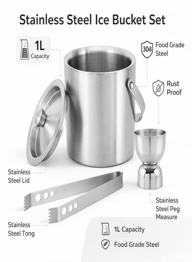 finality Premium Stainless Steel Ice Bucket with Tongs and Jigger – 1 Litre Double Walled Insulated Ice Box for Bar, Home & Parties (Silver Matte IB + Tong + Jigger) - Image 2