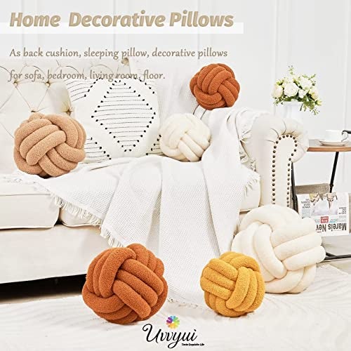 Uvvyui Knot Pillow Ball, Soft Home Decorative Pillows, Round Throw Pillow, Handmade Knotted Plush Pillow, Round Boucle Pillow Cushion (14 Inches Ivory) - Image 5