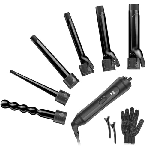 Duomishu 6-in-1 Curling Iron, Professional Instant Heat Up Hair Curling Wand Set with 6 Interchangeable Ceramic Barrels (0.35'' to 1.25'') and 2 Temperature Adjustments, Heat Protective Glove & 2 Clips - Image 1
