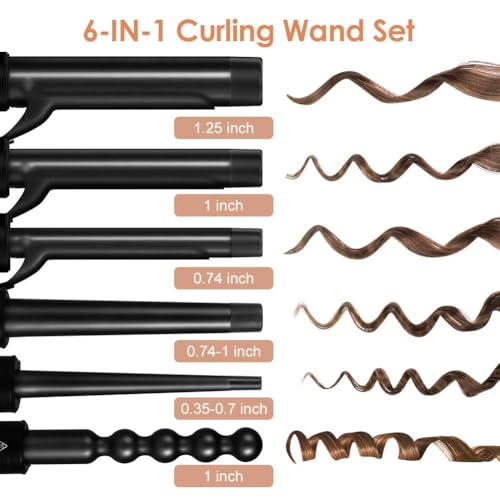 Duomishu 6-in-1 Curling Iron, Professional Instant Heat Up Hair Curling Wand Set with 6 Interchangeable Ceramic Barrels (0.35'' to 1.25'') and 2 Temperature Adjustments, Heat Protective Glove & 2 Clips - Image 2