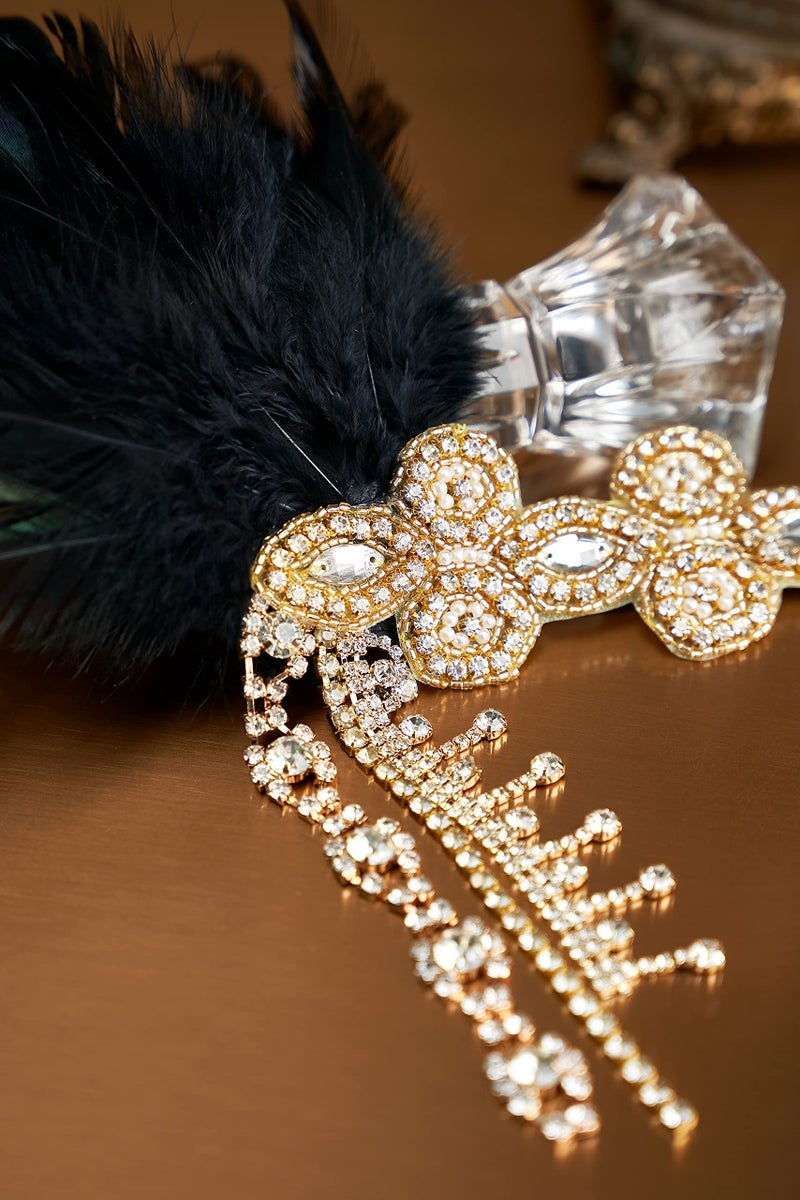 BABEYOND BABAEYOND 1920s Headpiece Flapper Headband - Feather Crystal Headpiece Flapper Accessories (Gold Black) - Image 3