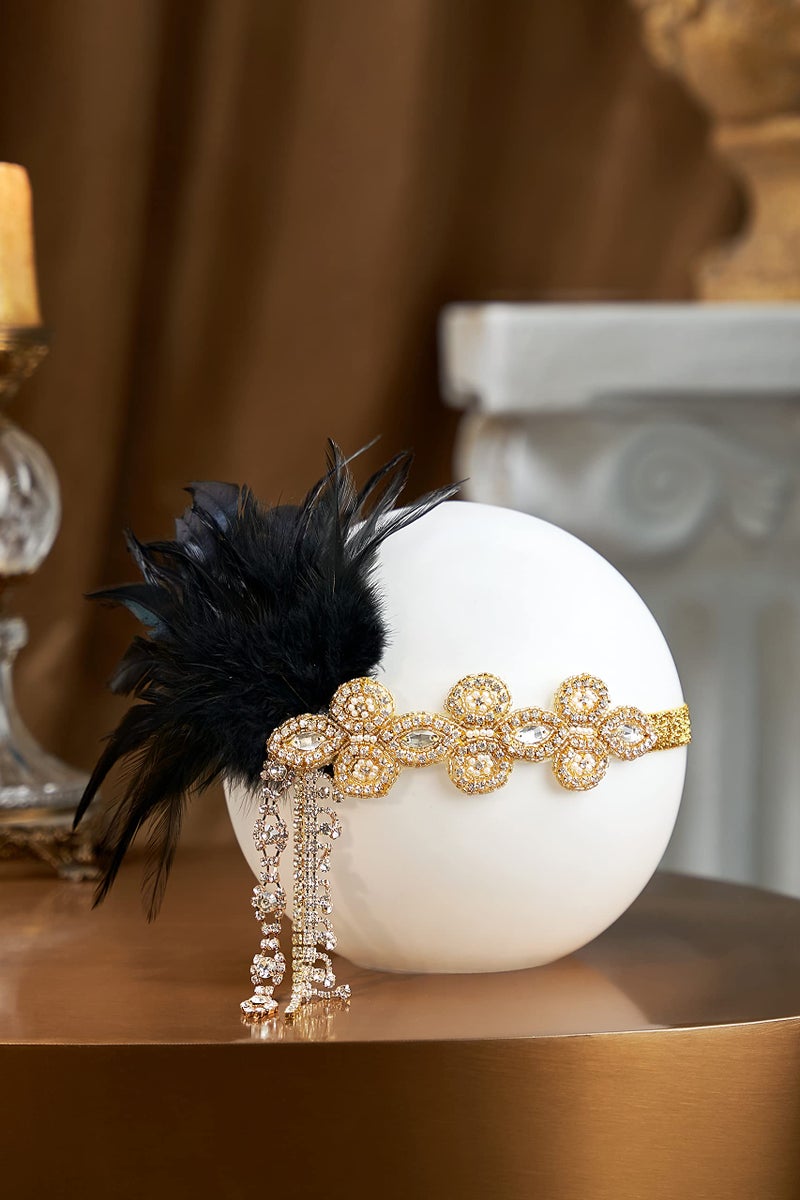 BABEYOND BABAEYOND 1920s Headpiece Flapper Headband - Feather Crystal Headpiece Flapper Accessories (Gold Black) - Image 2