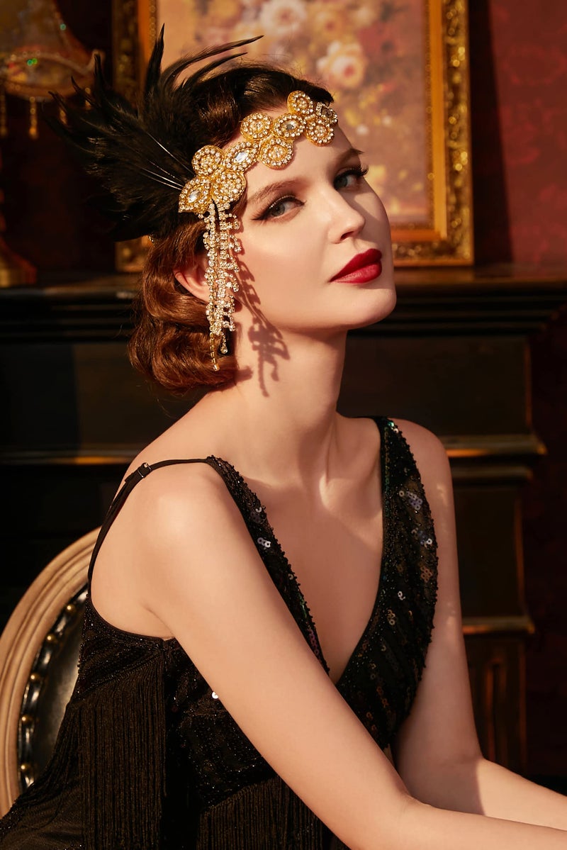 BABEYOND BABAEYOND 1920s Headpiece Flapper Headband - Feather Crystal Headpiece Flapper Accessories (Gold Black) - Image 4