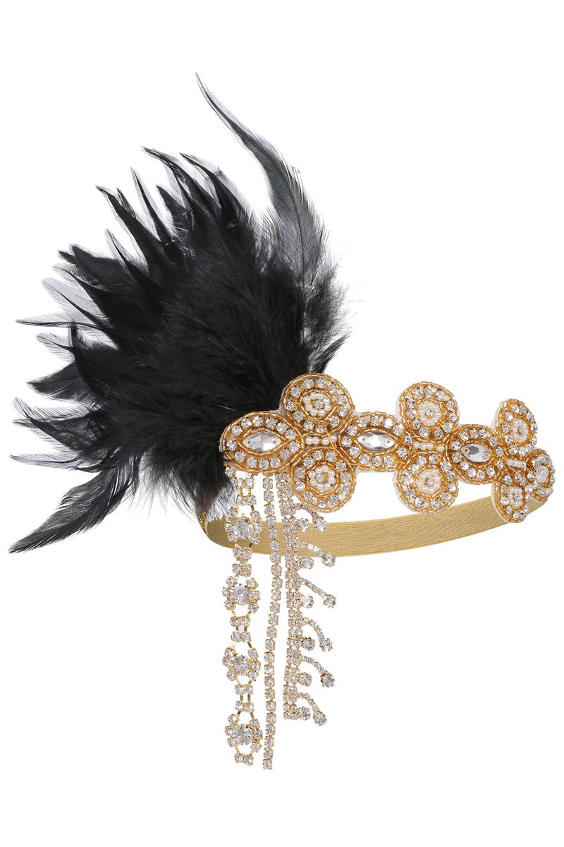 BABEYOND BABAEYOND 1920s Headpiece Flapper Headband - Feather Crystal Headpiece Flapper Accessories (Gold Black) - Image 5