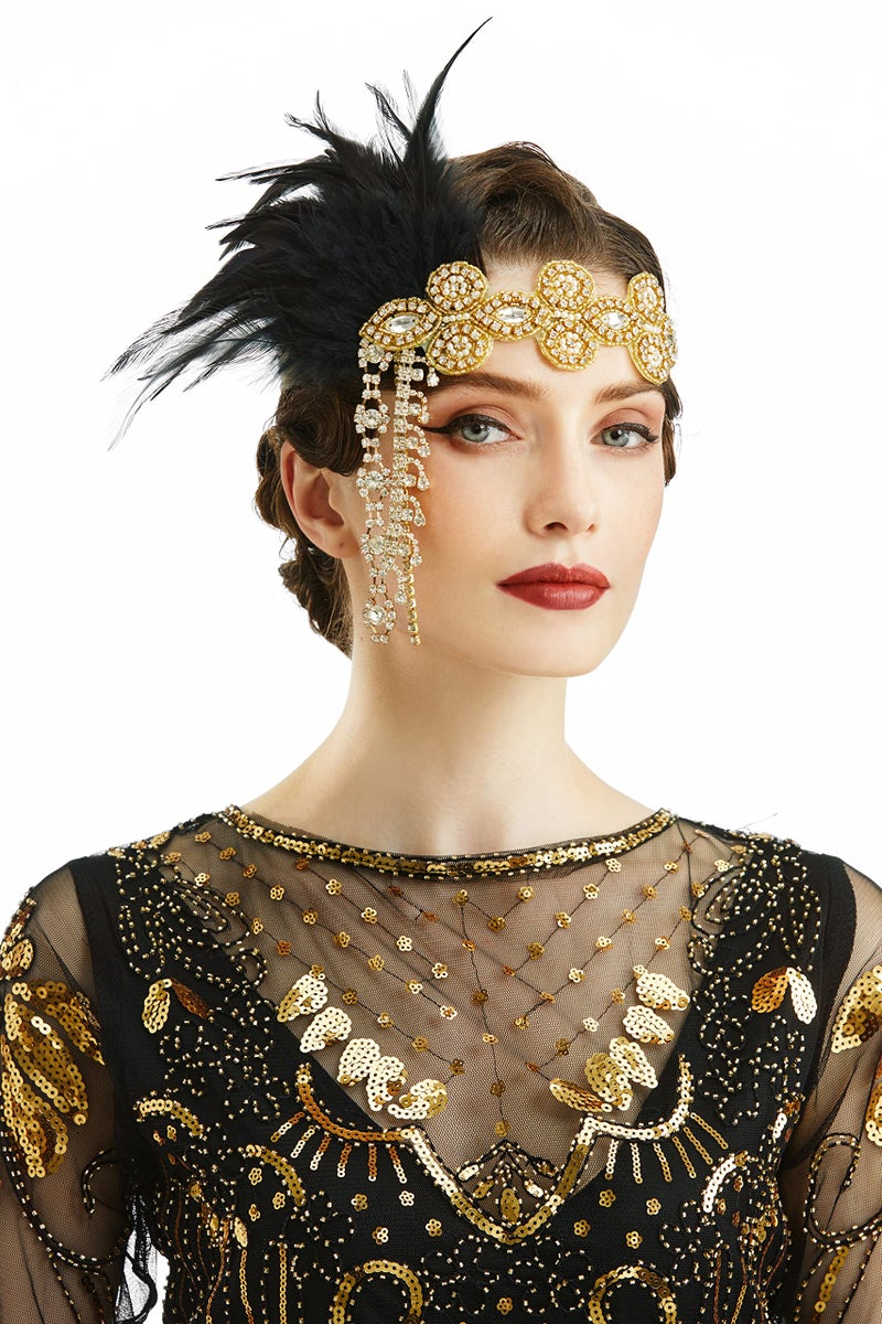 BABEYOND BABAEYOND 1920s Headpiece Flapper Headband - Feather Crystal Headpiece Flapper Accessories (Gold Black) - Image 1