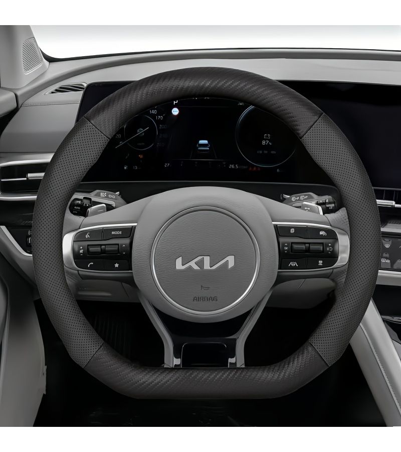 Carbon Fiber Texture Steering Wheel Cover Round Style Black Breathable Perforated Synthetic Faux Leather Fits 14.56 To 15.16 Inch Round And D Shaped Wheel Compatible With Rio Forte K3 Cerato K5 Optima Stinger K8 Seltos Sportage Sorento Telluride Mohave Borreg - Image 5