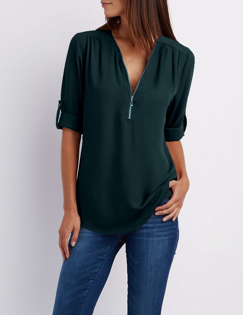 2026 V-Neck Zipper Plus Size Women's Long Sleeve Loose Chiffon Shirt