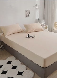 LUNA Home Single Size Fitted bed sheet 90*200+30 cm with 2 pillow covers, set of 3 pieces, plain beige.  - Image 1