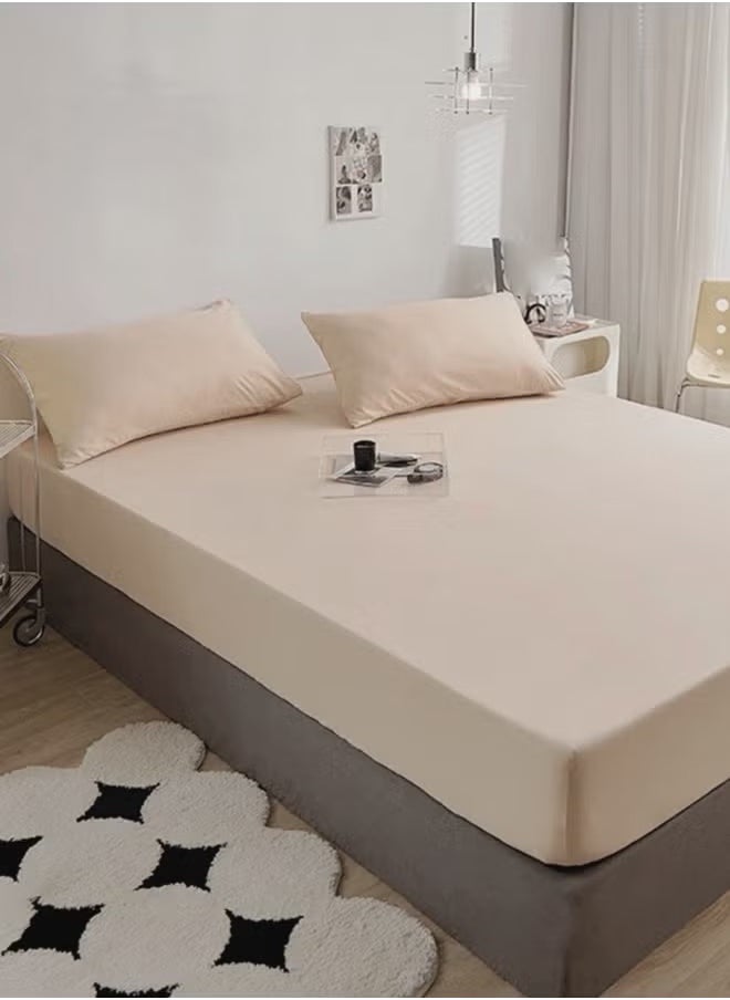 LUNA Home Single Size Fitted bed sheet 90*200+30 cm with 2 pillow covers, set of 3 pieces, plain beige.  - Image 1