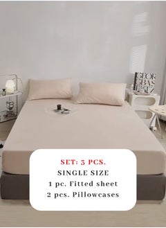 LUNA Home Single Size Fitted bed sheet 90*200+30 cm with 2 pillow covers, set of 3 pieces, plain beige.  - Image 2