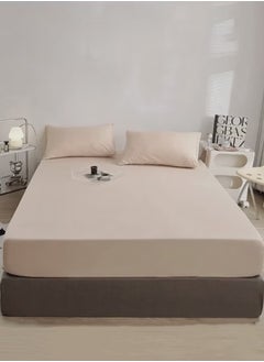 LUNA Home Single Size Fitted bed sheet 90*200+30 cm with 2 pillow covers, set of 3 pieces, plain beige.  - Image 3