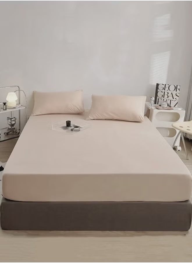 LUNA Home Single Size Fitted bed sheet 90*200+30 cm with 2 pillow covers, set of 3 pieces, plain beige.  - Image 3