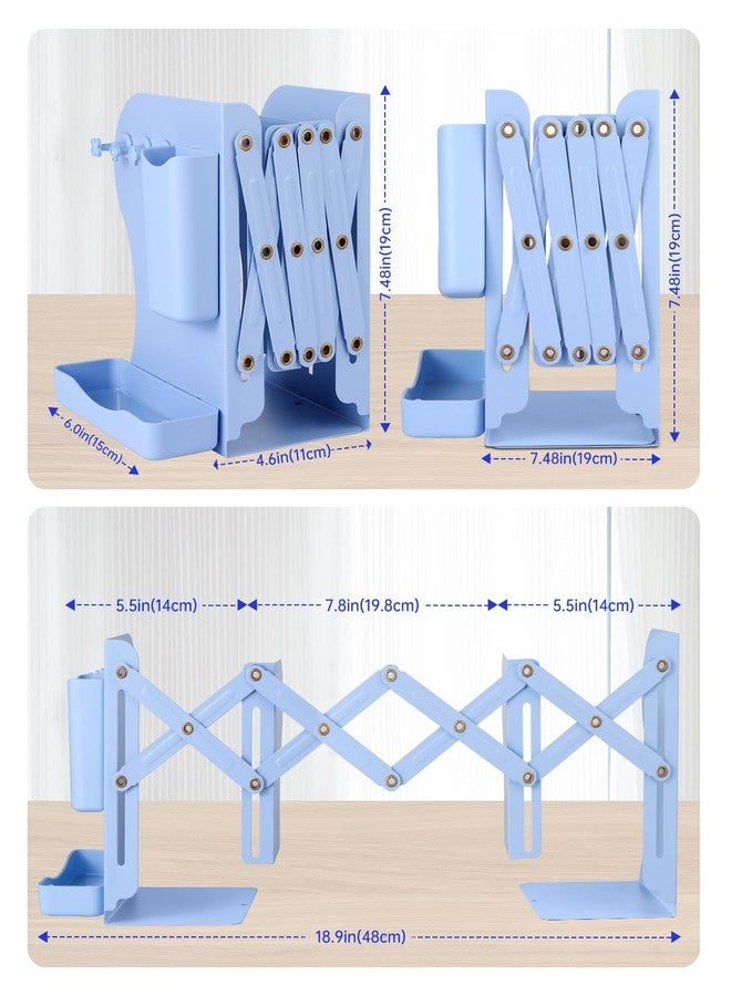Honagu Adjustable Bookends, Metal Book Ends for Shelves Heavy Book, Bookend for Home, Office, Books, Papers, Book Stopper with Removable Hook, Pen Holder, Gifts for Students, Teachers（Light Blue） - Image 3