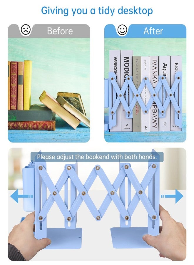 Honagu Adjustable Bookends, Metal Book Ends for Shelves Heavy Book, Bookend for Home, Office, Books, Papers, Book Stopper with Removable Hook, Pen Holder, Gifts for Students, Teachers（Light Blue） - Image 2
