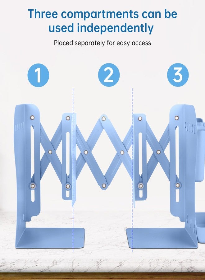 Honagu Adjustable Bookends, Metal Book Ends for Shelves Heavy Book, Bookend for Home, Office, Books, Papers, Book Stopper with Removable Hook, Pen Holder, Gifts for Students, Teachers（Light Blue） - Image 4