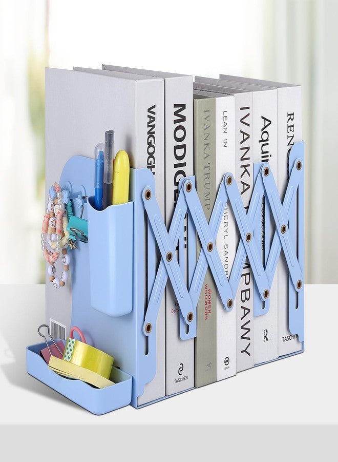 Honagu Adjustable Bookends, Metal Book Ends for Shelves Heavy Book, Bookend for Home, Office, Books, Papers, Book Stopper with Removable Hook, Pen Holder, Gifts for Students, Teachers（Light Blue） - Image 1
