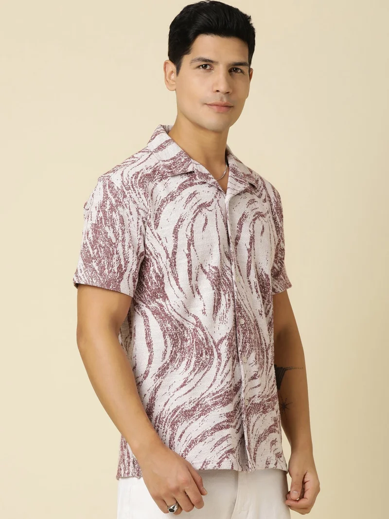 جوفن قميص رجالي مطبوع كاجوال أحمر واسع نصف كم