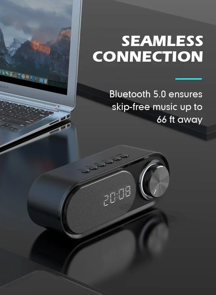 مكبر صوت بلوتوث محمول HD ستيريو سوبر باس مع منبه رقمي وشاشة LED وكابل دعم الضوء الليلي وUSB قابل لإعادة الشحن للسفر عند الباب - Image 3