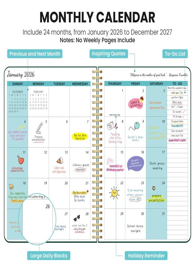Taja Monthly Planner 2026-2027, 2 Year Months Calendar Planner 2026-2027, Runs from January 2026 - Decembe 2027, 7" x 10", 24 Months, Perfect for School Office Home Planning - Dark Green - Image 2