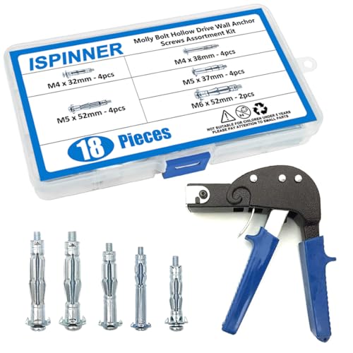ISPINNER Wall Anchor Setting Tool with 18pcs Molly Bolt Hollow Drive Wall Anchor Screws Assortment Kit, Heavy Duty Anchor Gun for Cavity Anchor Plasterboard Fixing - Image 1