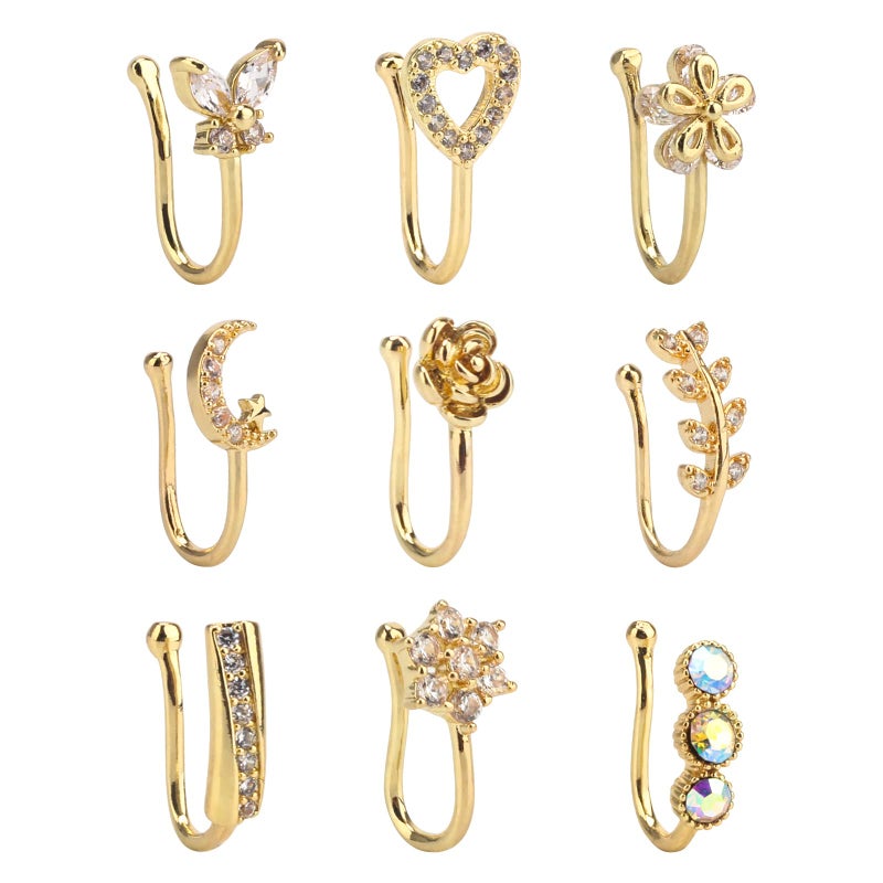 CrazyPiercing Faux Nose Jewelry Gold Cuffs With 9 Clip Nose Rings - Non Pierced, Septum - Image 1