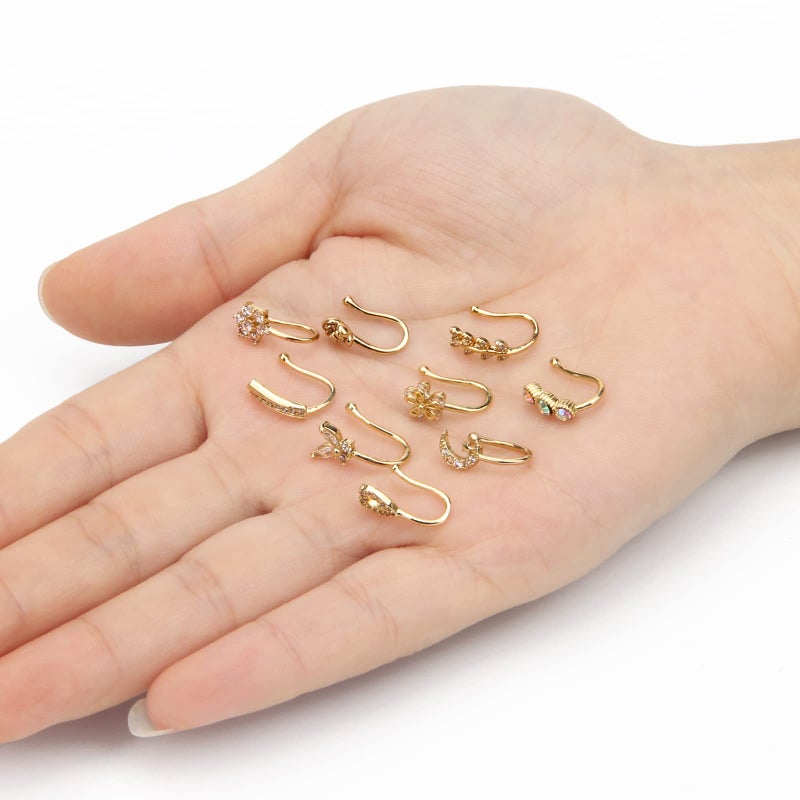 CrazyPiercing Faux Nose Jewelry Gold Cuffs With 9 Clip Nose Rings - Non Pierced, Septum - Image 4