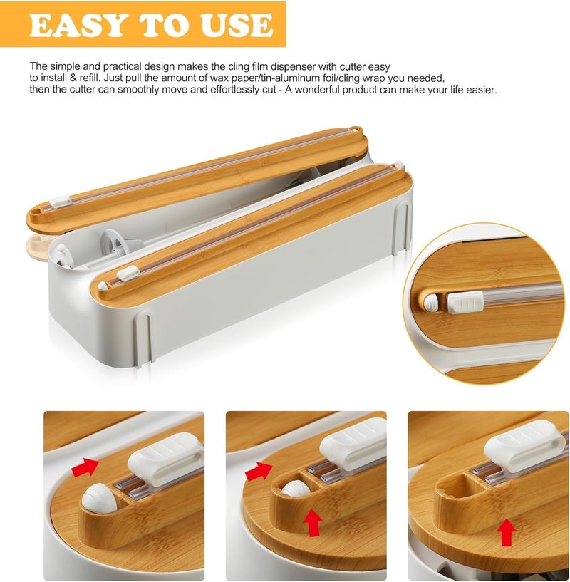 FunBlast 3 in 1 Aluminum Foil and Plastic Wrap Organizer with Paper Towel HolderMagnetic Plastic Wrap Dispenser with Cutter Cling Film Tin Foil and Wax Paper Holder Bamboo Cover - Image 4