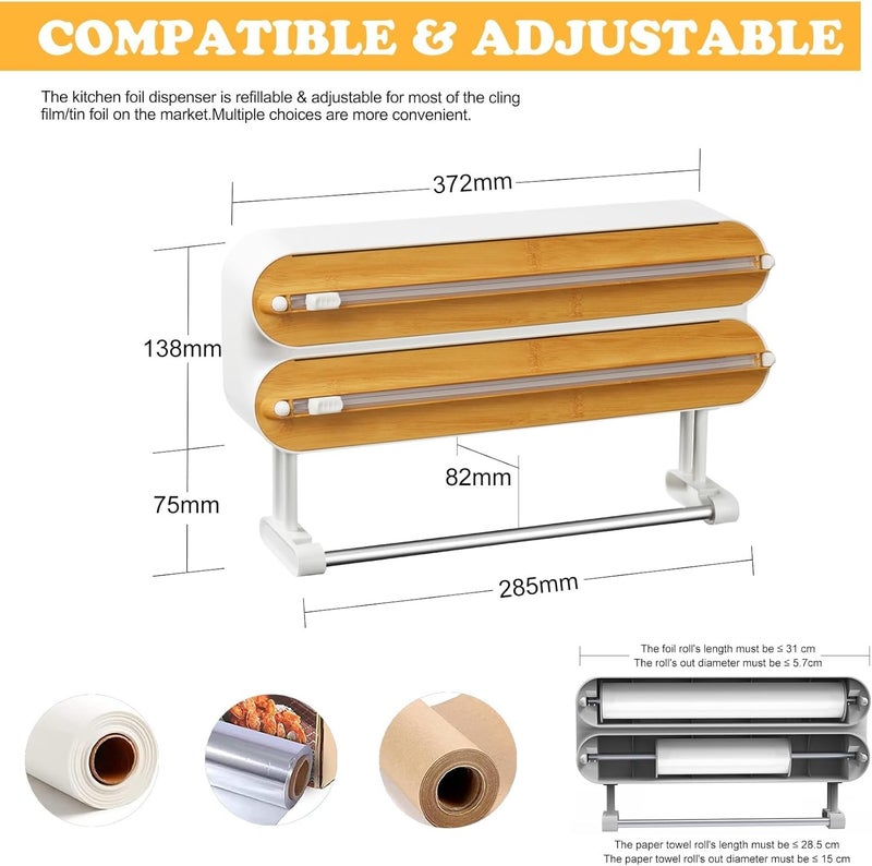 FunBlast 3 in 1 Aluminum Foil and Plastic Wrap Organizer with Paper Towel HolderMagnetic Plastic Wrap Dispenser with Cutter Cling Film Tin Foil and Wax Paper Holder Bamboo Cover - Image 2