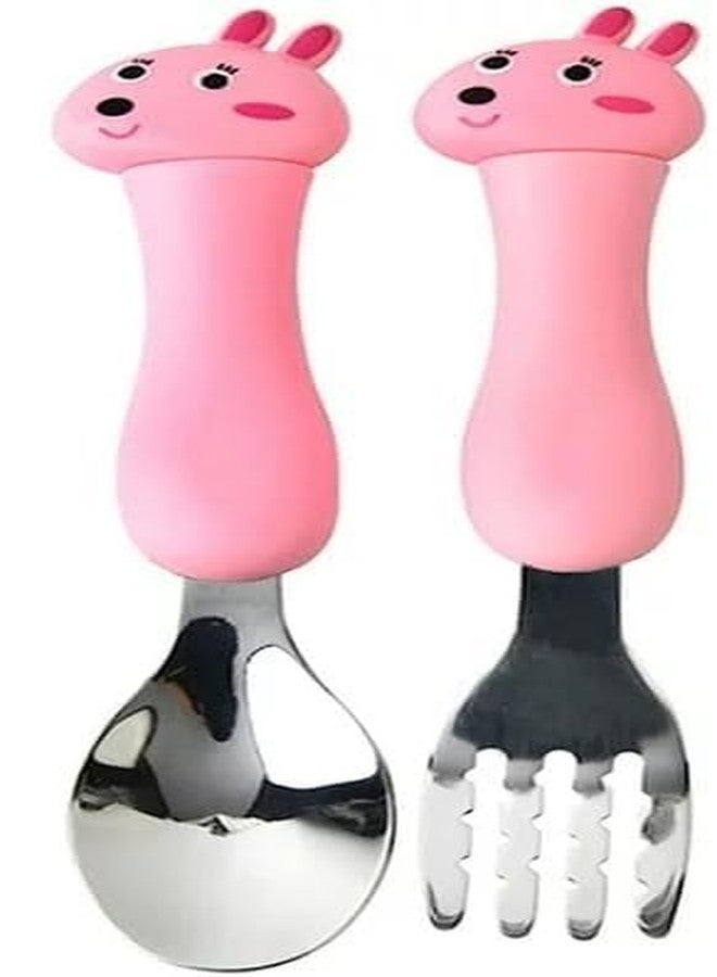 Bekner Kids Cutlery Set, Stainless Steel Spoon and Fork with Animal Design Handles, 14.7 cm, Multicolor, Pack of 2 (Pink) - Image 1