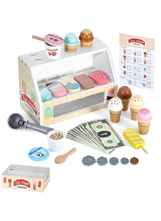 Beauenty Wooden Ice Cream Counter Playset for Boys Girl Toys,Wooden Ice Cream Set,Play Store Pretend Toy Food Play Kitchen Accessories with Scoop & ,Toddler Ice Cream Shop Toys for Kids  - Image 1