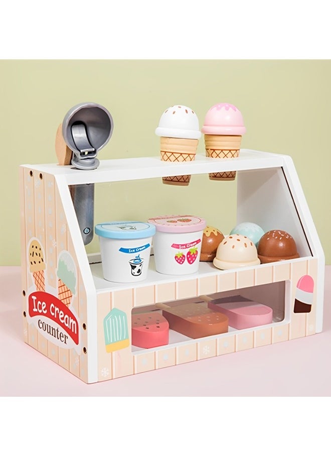 Beauenty Wooden Ice Cream Counter Playset for Boys Girl Toys,Wooden Ice Cream Set,Play Store Pretend Toy Food Play Kitchen Accessories with Scoop & ,Toddler Ice Cream Shop Toys for Kids  - Image 3
