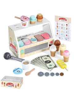 Beauenty Wooden Ice Cream Counter Playset for Boys Girl Toys,Wooden Ice Cream Set,Play Store Pretend Toy Food Play Kitchen Accessories with Scoop & Fake Money,Toddler Ice Cream Shop Toys for Kids  - Image 1