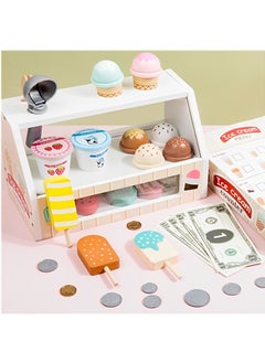 Beauenty Wooden Ice Cream Counter Playset for Boys Girl Toys,Wooden Ice Cream Set,Play Store Pretend Toy Food Play Kitchen Accessories with Scoop & Fake Money,Toddler Ice Cream Shop Toys for Kids  - Image 2