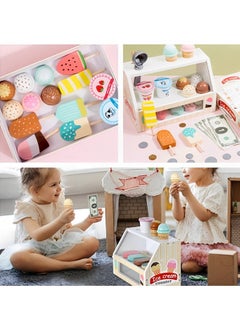 Beauenty Wooden Ice Cream Counter Playset for Boys Girl Toys,Wooden Ice Cream Set,Play Store Pretend Toy Food Play Kitchen Accessories with Scoop & Fake Money,Toddler Ice Cream Shop Toys for Kids  - Image 4