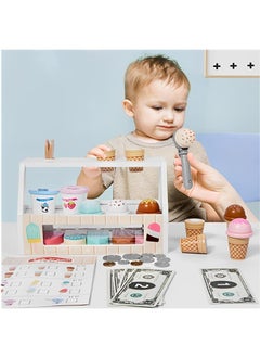 Beauenty Wooden Ice Cream Counter Playset for Boys Girl Toys,Wooden Ice Cream Set,Play Store Pretend Toy Food Play Kitchen Accessories with Scoop & Fake Money,Toddler Ice Cream Shop Toys for Kids  - Image 5