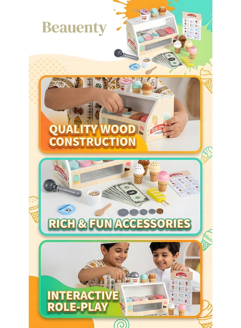 بيوينتي محل بيع الآيس كريم الخشبي للأولاد والبنات، مجموعة آيس كريم خشبية، لعبة تظاهر بالمتجر مع إكسسوارات مطبخ لعب الطعام تشمل مغرفة ونقود مزيفة، لعبة متجر الآيس كريم للأطفال الصغار. - Image 2