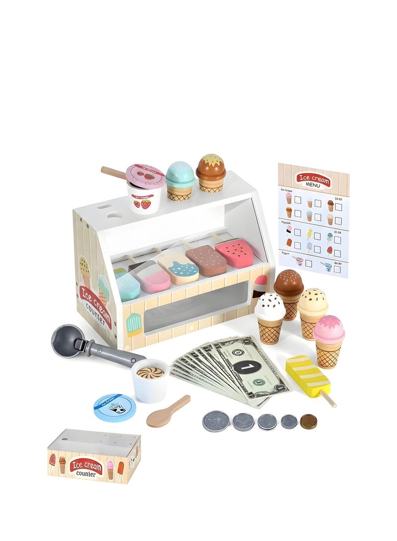 بيوينتي محل بيع الآيس كريم الخشبي للأولاد والبنات، مجموعة آيس كريم خشبية، لعبة تظاهر بالمتجر مع إكسسوارات مطبخ لعب الطعام تشمل مغرفة ونقود مزيفة، لعبة متجر الآيس كريم للأطفال الصغار. - Image 1