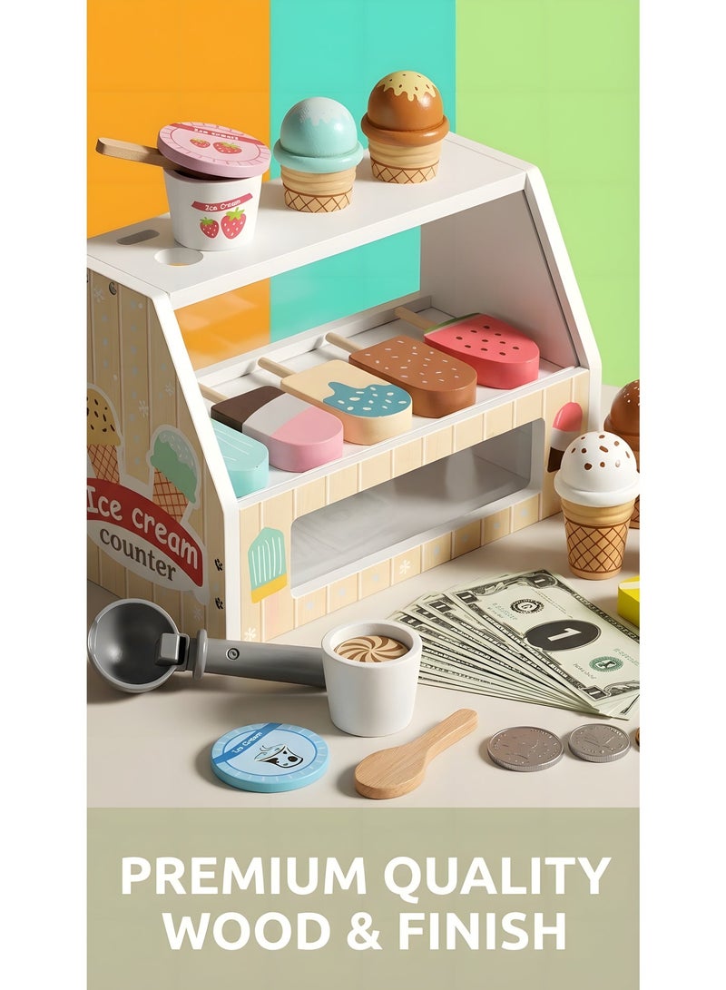 بيوينتي محل بيع الآيس كريم الخشبي للأولاد والبنات، مجموعة آيس كريم خشبية، لعبة تظاهر بالمتجر مع إكسسوارات مطبخ لعب الطعام تشمل مغرفة ونقود مزيفة، لعبة متجر الآيس كريم للأطفال الصغار. - Image 4