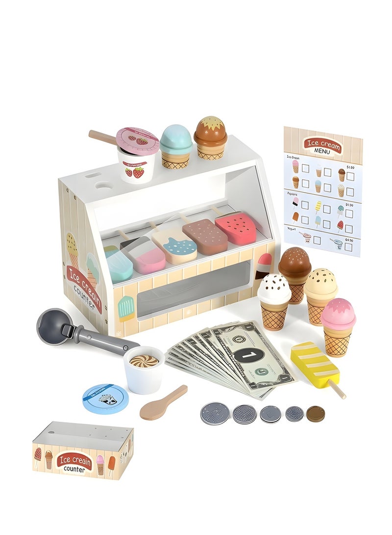بيوينتي محل بيع الآيس كريم الخشبي للأولاد والبنات، مجموعة آيس كريم خشبية، لعبة تظاهر بالمتجر مع إكسسوارات مطبخ لعب الطعام تشمل مغرفة ونقود مزيفة، لعبة متجر الآيس كريم للأطفال الصغار. - Image 1